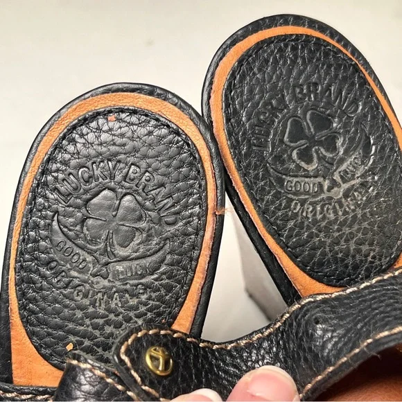 VTG Lucky Brand Black Leather Paola Peep Toe Block Heel Sling Back Size 9 READ - Picture 12 of 12